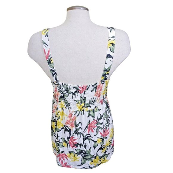 Womens M Smocked Tank Top Hawaiian Print Wide Strap Babydoll Y2K Square Neck - Picture 4 of 6